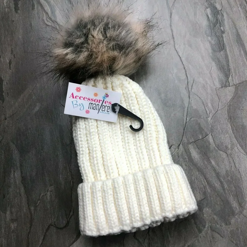 Maniere White Ivory Knit Cuffed Beanie Hat Faux Fur Pom Pom Toddler Girl Sz 2-4